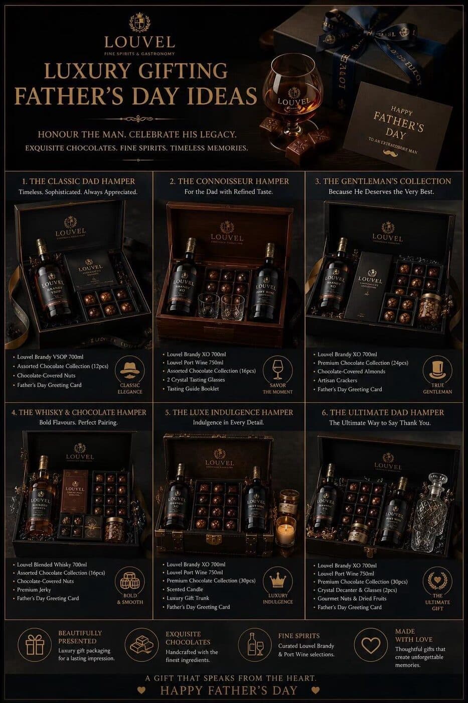 LOUVEL Luxury Gifting Father's Day Ideas — six chocolate and brandy hamper concepts