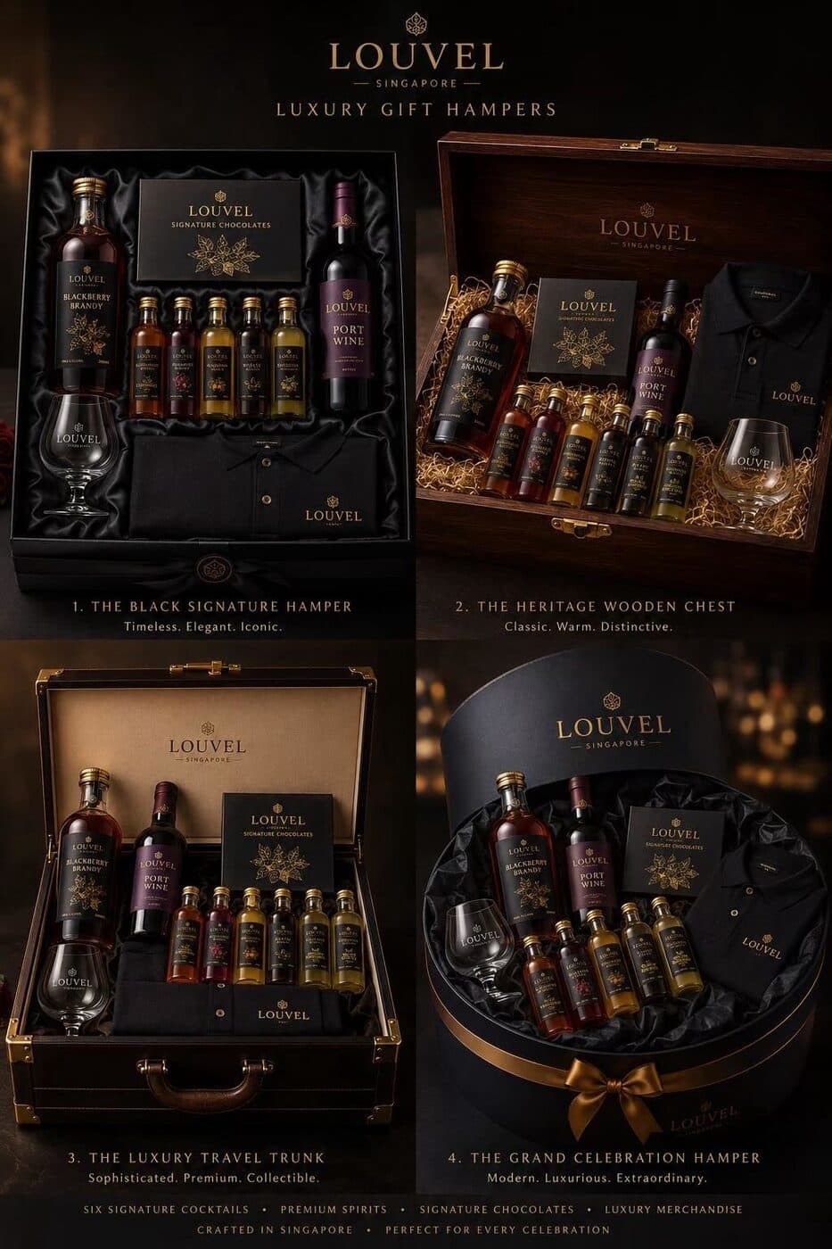 LOUVEL Luxury Gift Hampers — Black Signature Hamper, Heritage Wooden Chest, Luxury Travel Trunk, Grand Celebration Hamper